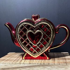 Heart-Shaped Red and Gold Teapot